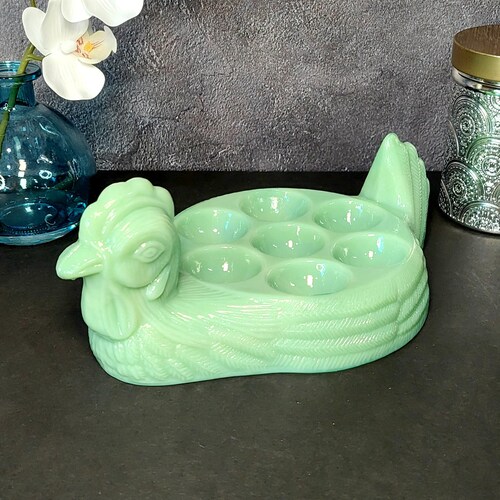 Jadeite Depression Style Glass Rooster Chicken Deviled Egg Plate Dish, Hen on Nest, Bowl, Farmhouse, Retro Home Decor, Green