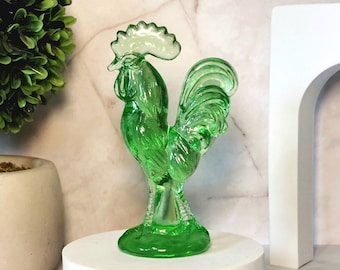 Green Depression Style Glass Rooster Chicken Figurine, Vintage Style Rustic Farmhouse, Miniature Statue, Retro Home Decor, Hen, Farm & Ranch