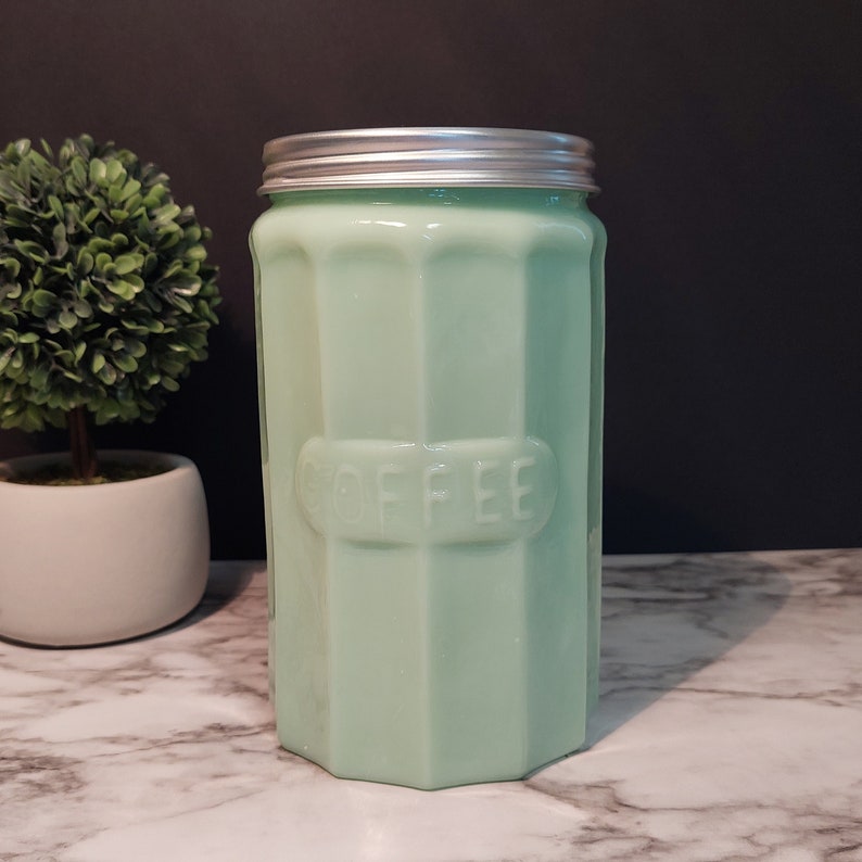 Large Jadeite Glass Coffee Jar Canister With Lid Depression Etsy