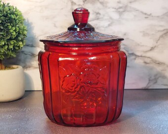 Ruby Red Amberina Depression Style Glass Mayfair Rose Biscuit / Cookie Jar - Vintage, Candy Dish, Kitchenware, Retro Canister, Farmhouse Jar