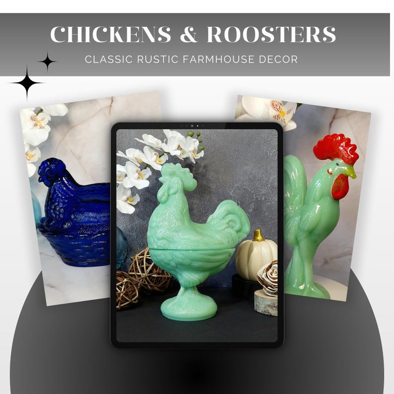 Green Depression Style Glass Rooster Chicken Figurine, Vintage Style Rustic Farmhouse, Miniature Statue, Retro Home Decor, Hen, Farm & Ranch image 9