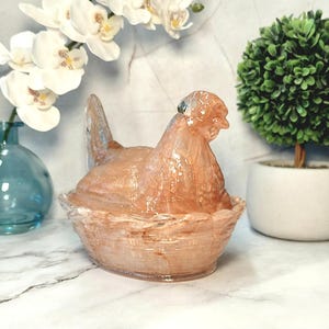 May include: A decorative glass hen figurine in a basket-like base. The hen is a translucent peach color, and the basket is a similar shade. The figurine is a unique home decor item.