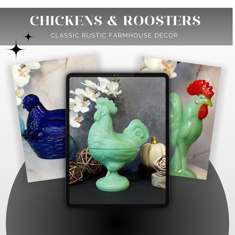 May include: The image showcases decorative chicken and rooster figurines. A blue hen, a green rooster-shaped candy dish, and a green rooster figurine with a red comb are displayed. The text "CHICKENS & ROOSTERS" and "CLASSIC RUSTIC FARMHOUSE DECOR" are at the top.