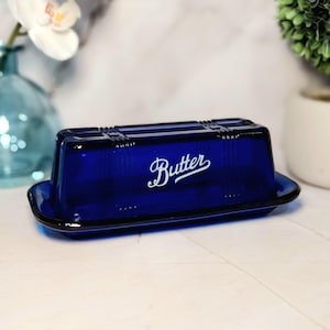 Cobalt Blue Depression Style Glass Covered Butter Dish - Vintage, Farmhouse, Butter Keeper, Retro Home Decor, Kitchenware, Refrigerator Dish