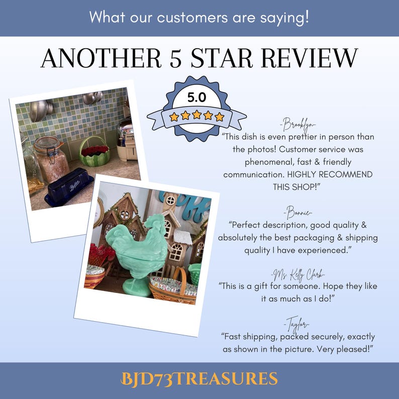 May include: Image showcasing customer reviews with a 5-star rating. The text reads "ANOTHER 5 STAR REVIEW" and includes customer testimonials. The image also features a turquoise rooster figurine and other decorative items.