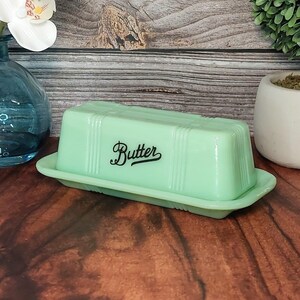 Jadeite Green Depression Style Glass Butter Dish With Lid - Vintage Farmhouse Decor, 1990s Licensed Reproduction