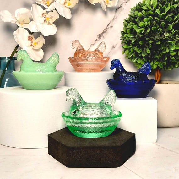 Glass Hen on Nest Chicken Salt Cellar Dish, Vintage Style