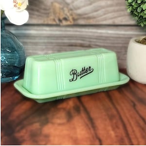 Jadeite Depression Style Glass Covered Butter Dish with Lid - Vintage, Art Deco, Farmhouse, Cooking Tool, Retro Home Decor, Jade Tableware