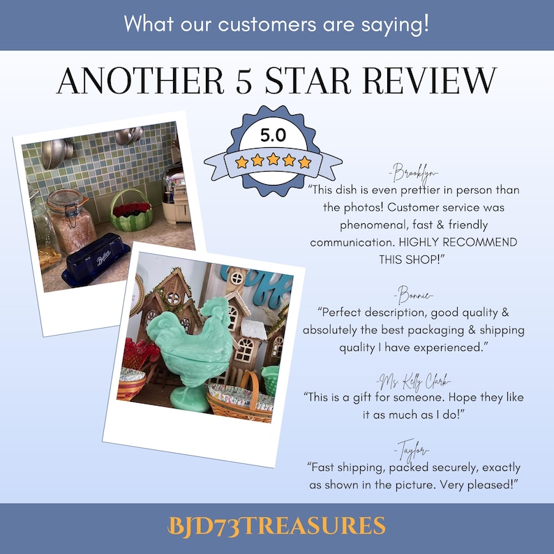 May include: Image showcasing customer reviews for a shop. The text reads "ANOTHER 5 STAR REVIEW" with a 5-star rating graphic. Includes customer testimonials and a shop name, BJD73TREASURES.