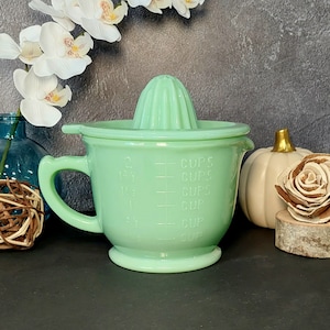 Jadeite Juicer Reamer & 2 Cup Measuring Cup, Huge 2 PC - Depression Style, Vintage, Art Deco, Farmhouse, Milk Glass, Cooking, Mixing Bowl