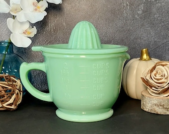 Jadeite Juicer Reamer & 2 Cup Measuring Cup, Huge 2 PC - Depression Style, Vintage, Art Deco, Farmhouse, Milk Glass, Cooking, Mixing Bowl
