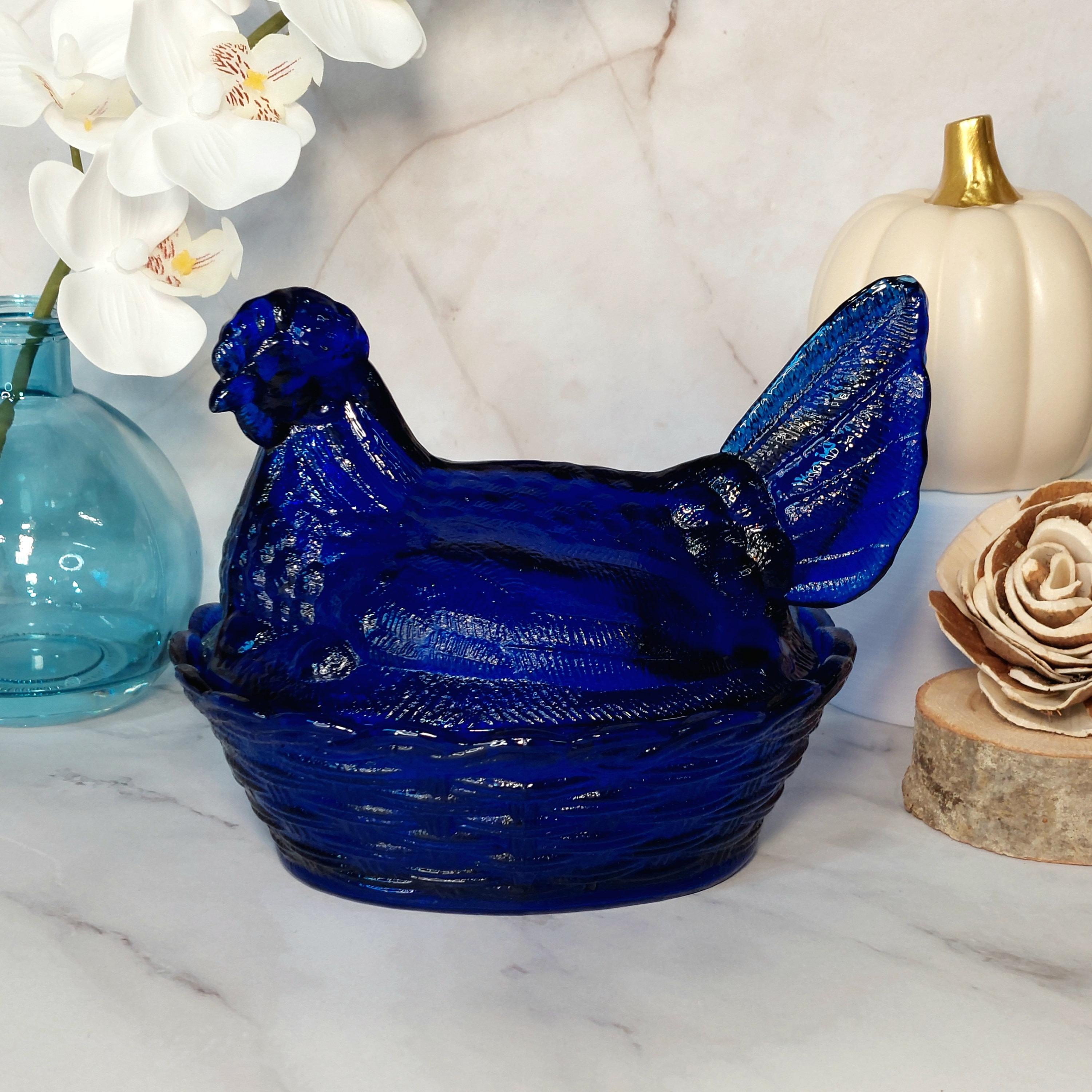Cobalt Blue Depression Style Glass Nesting Chicken Hen Nest Candy Dish with Lid - Vintage, Farmhouse, Cookie Jar, Rooster, Retro Home Decor
