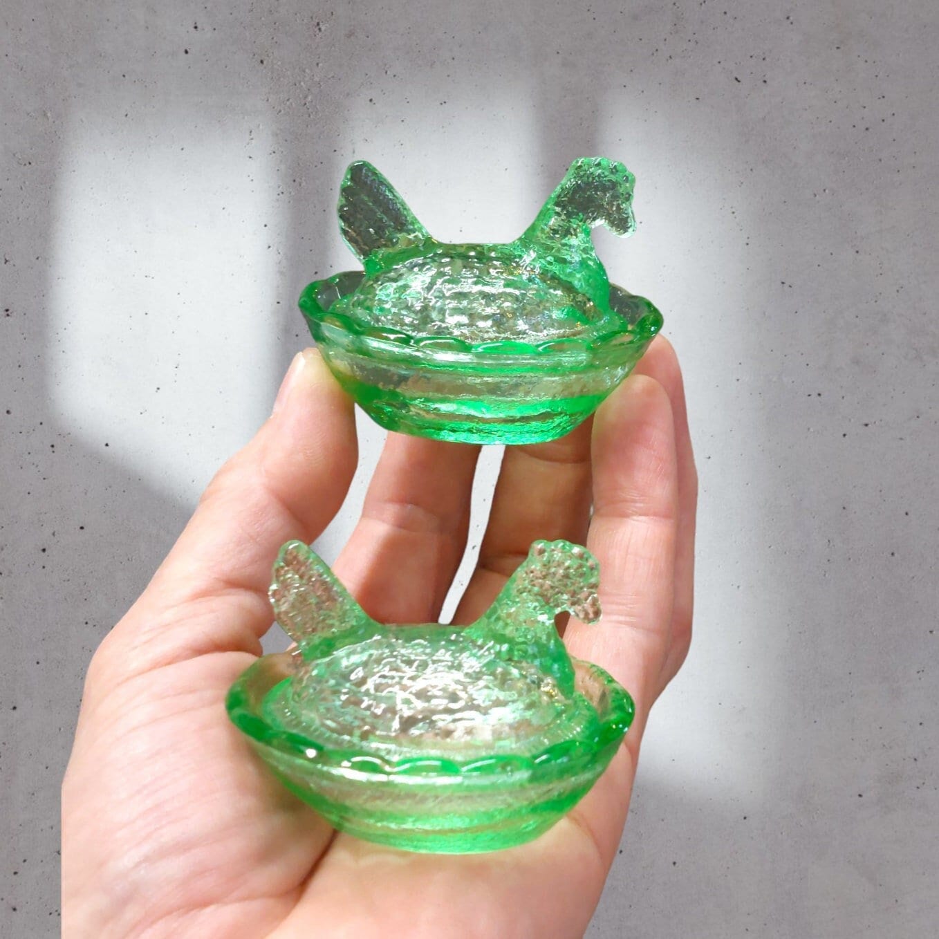 2 Green Depression Style Glass Hen on Nest Chicken Salt Cellar Dip