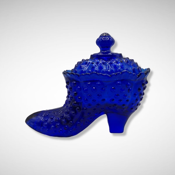 Cobalt Blue Victorian Style Glass Hobnail Boot / Shoe Covered Candy Dish w/ Lid - Vintage, Art Deco, Bowl, Vanity Trinket Box, Retro Decor