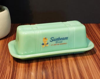 Jadeite Depression Style Glass &quot;Sunbeam Bread&quot; Covered Butter Dish - Vintage, Art Deco, Farmhouse, Kitchen, Cooking, Milk Glass, Jade, Retro