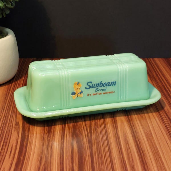 Jadeite Depression Style Glass "Sunbeam Bread" Covered Butter Dish - Vintage Style Farmhouse Kitchen, Cooking, Milk Glass, Jade, Retro