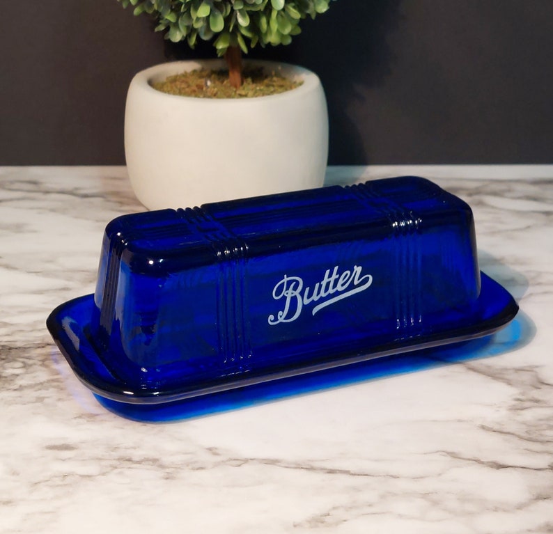 Cobalt Blue Depression Style Glass Covered Butter Dish Vintage, Farmhouse, Butter Keeper, Retro Home Decor, Kitchenware, Refrigerator Dish image 1