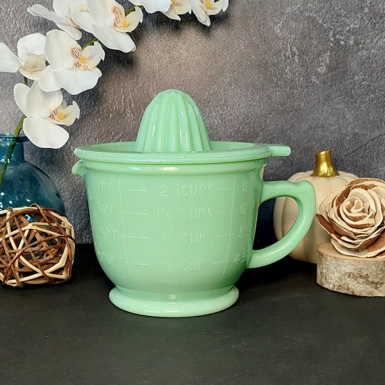Jadeite Juicer Reamer & 2 Cup Measuring Cup, Huge 2 PC, Depression Style, Vintage Style Kitchen, Farmhouse, Milk Glass, Cooking, Mixing Bowl image 5