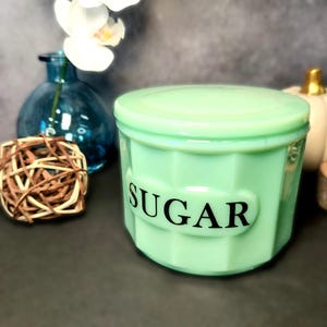 Jadeite Green Depression Style Glass Sugar Bowl Crock Container - Vintage, Farmhouse, Retro Home Decor, Covered Dish, Milk Glass Kitchenware