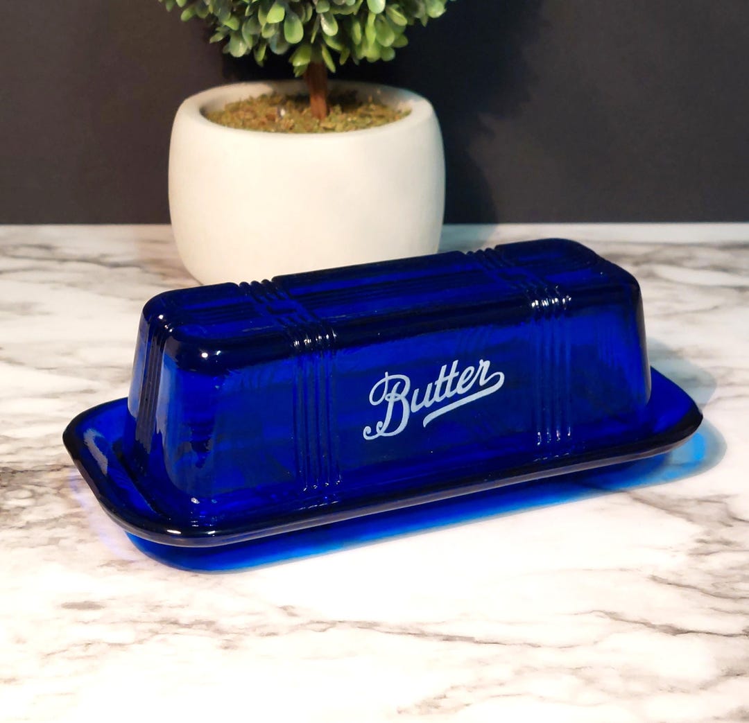 Vintage cobalt blue glass butter dish with lid retro kitchen decor