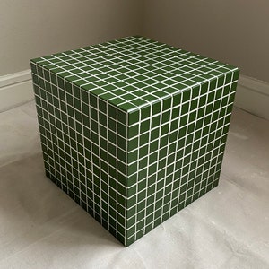 Handmade Tiled Side Table — Green Tile with White Grout —  Cube 12X12X12