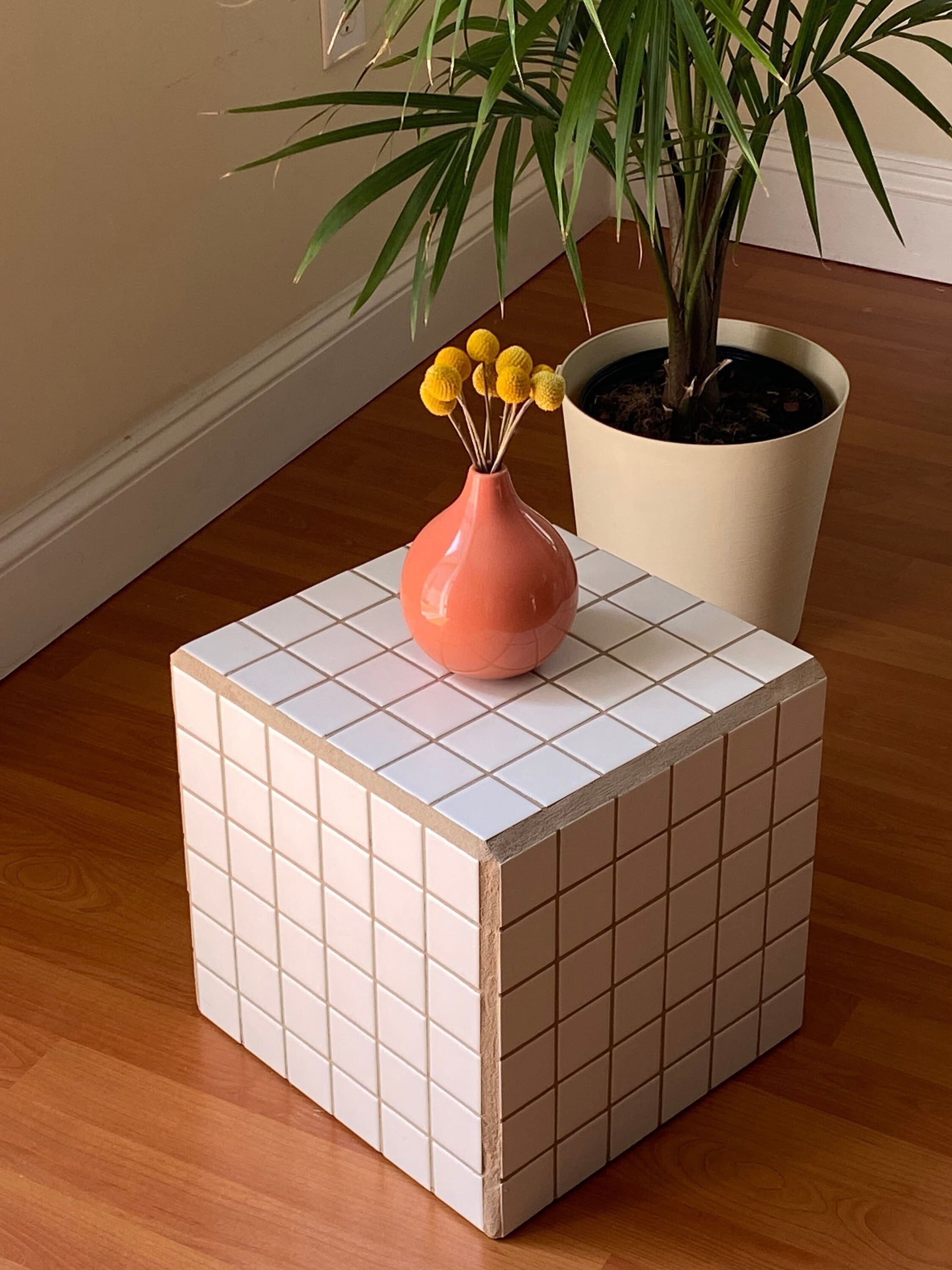 Handmade Tiled Side Table — White Tile W/ Beige Grout — Cube
