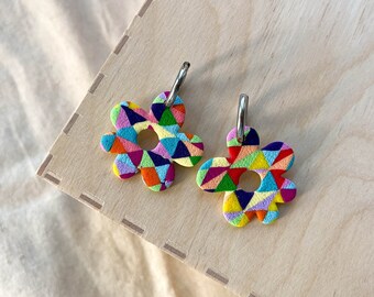 Polymer clay hoop earrings | Rainbow flower | Patchwork | Handmade accessories