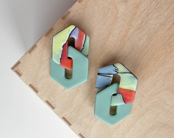 Honeycomb | Hexagonal link polymer clay earrings | Teal and watercolor effect | Handmade accessories