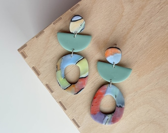 Polymer clay drop earrings | Geometric | Teal and watercolor effect | Handmade accessories