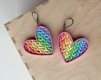 Knitted hearts polymer clay drop earrings | Pastel rainbow | Handmade accessories