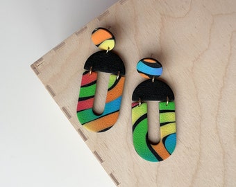 Polymer clay drop earrings | Black and rainbow gradient | Geometric dangle earrings | Handmade accessories