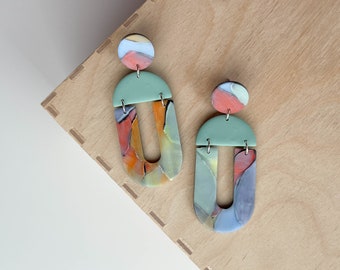 Polymer clay drop earrings | Geometric | Teal and watercolor effect | Handmade accessories