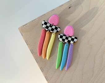 Rhapsody | Polymer clay drop earrings | Black and white checkers | Pastel rainbow | Handmade accessories