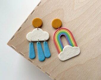 Moody clouds | Polymer clay dangle earrings | Cloud with rainbow and raindrops | Handmade accessories