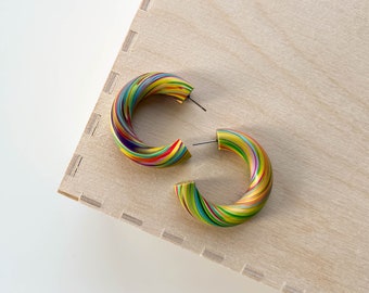 Polymer clay hoop earrings | Multicolored swirl | Handmade accessories