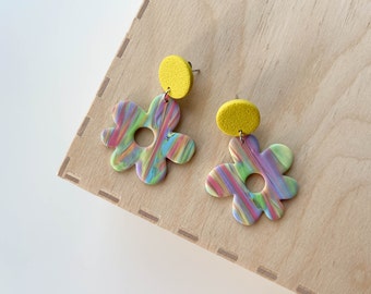 Polymer clay drop earrings | Rainbow flower | Glow in the dark | Handmade accessories