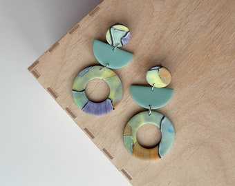 Polymer clay drop earrings | Geometric | Teal and watercolor effect | Handmade accessories