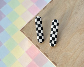 Polymer clay stud earrings | Black and white checkers | Handmade accessories