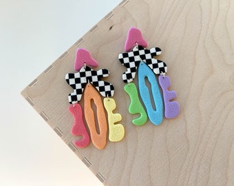 Technicolor | Polymer clay drop earrings | Black and white checkers | Pastel rainbow | Handmade accessories