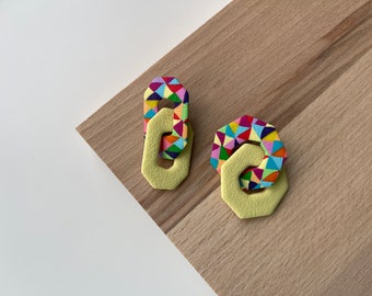 Geometric link polymer clay earrings | Patchwork pattern with pastel yellow accents | Handmade accessories