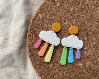 Nimbus raindrops | Polymer clay dangle earrings | Cloud with pastel rainbow raindrops | Handmade accessories