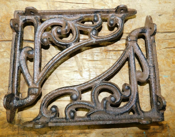 2 Cast Iron Antique Victorian Style Shelf Brackets - Brown Garden Brace Supports