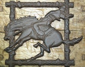Cast Iron COWBOY BRONCO Plaque Sign Rustic Ranch Western TRIVET Horse Man Cave