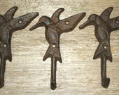 3 Cast Iron HUMMINGBIRD Towel Hanger Coat Hat Hooks, Key Rack GARDEN Hook BIRD