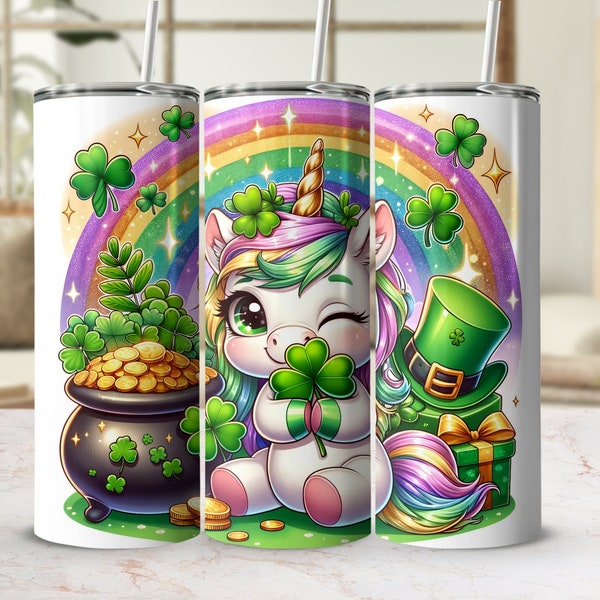 Unicorn Tumbler Wrap, St. Patrick's Day Theme, Rainbow Clover Design, Lucky Charms, Png Digital File, Magic Tumbler Decoration