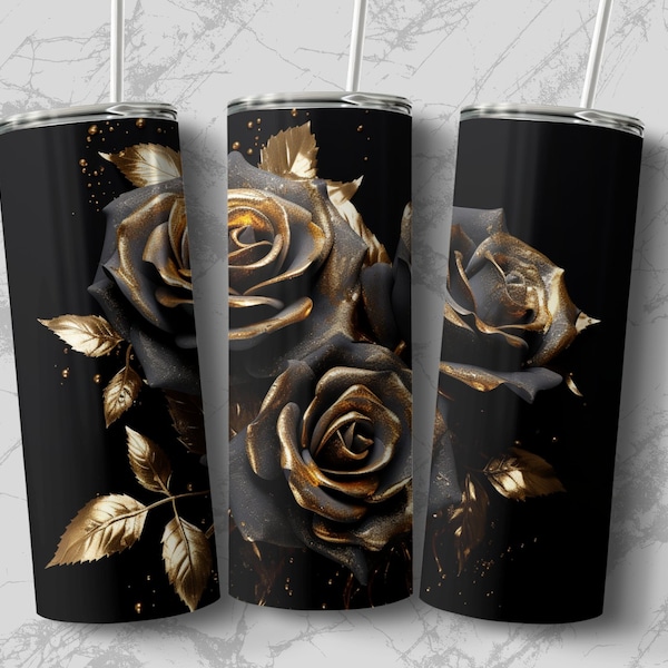 Black Roses Tumbler Wrap PNG, Black Roses And Gold Leaves For 20 oz Skinny Tumbler Sublimation Design