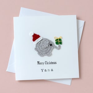 Carte de Noël personnalisée faite main d'éléphant, carte de Noël d'éléphant au crochet, carte de Noël d'enfants, carte de premier Noël de bébé