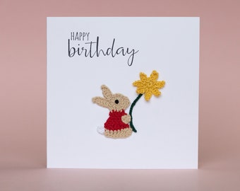 Personalised Happy Birthday Card, Crochet Rabbit Card, Birthday Kid Card, 1st Birthday, Happy Birthday Mom/Mum