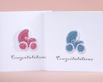 Handmade Crocheted Stroller Congratulations Card: New Baby Greeting