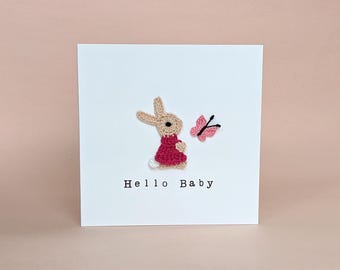 Personalised New Baby Card, Hello Baby Bunny Card, New Baby Boy / Girl Card, Crochet Bunny Rabbit Card, New Baby Card, Crochet Baby Card